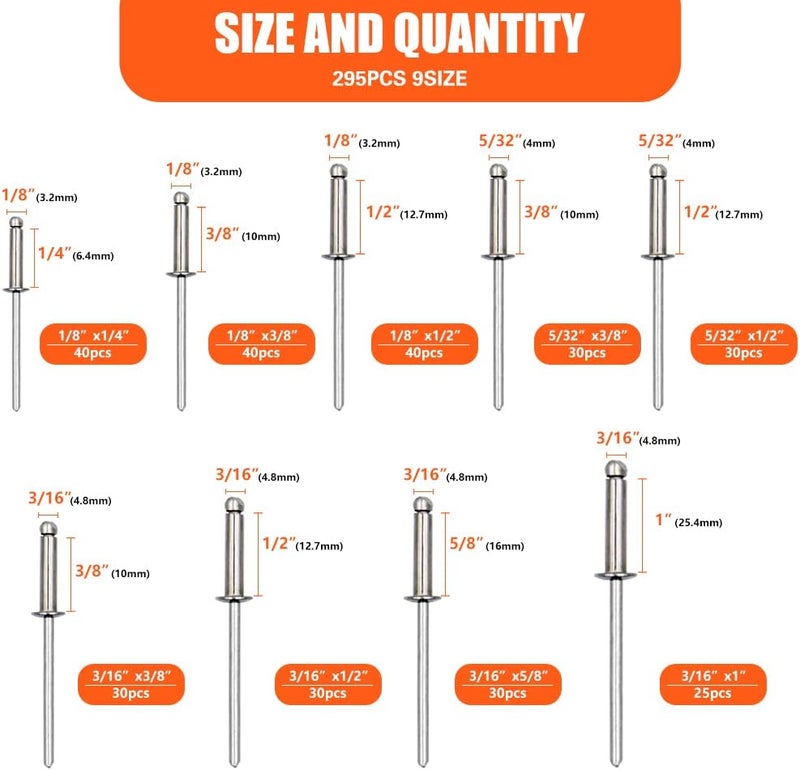Botten 100 pcs 1/8"x 1/4" Stainless Steel Blind Pop Rivets,3.2 x 6mm Open End Type Pop Rivet Grip Range 1/8-1/4 inch - Image 3